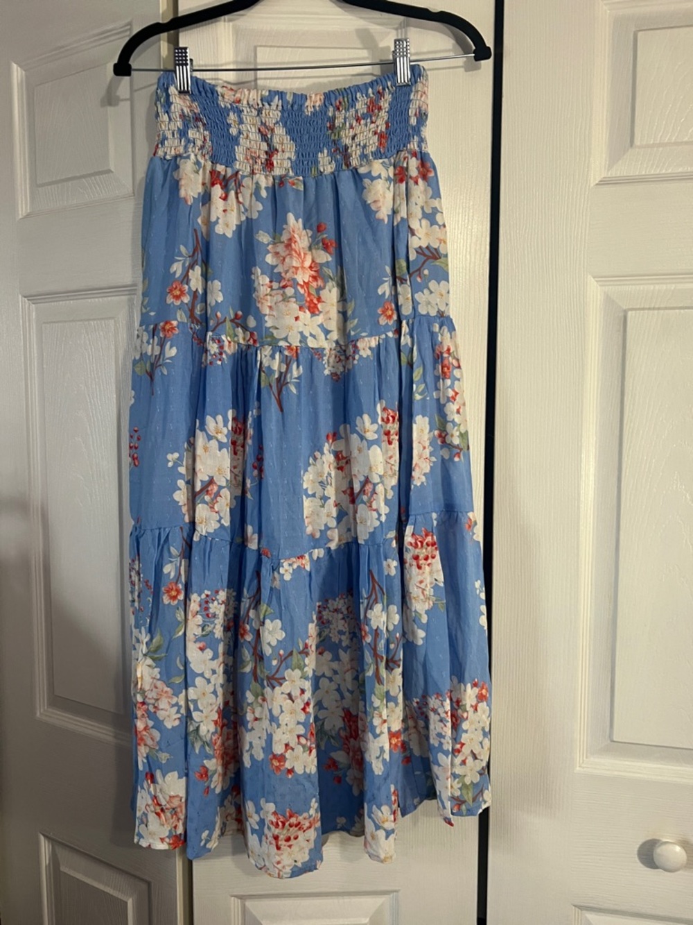 Laura Ashley Blue Floral Tiered Maxi Skirt with White & Coral Blossoms